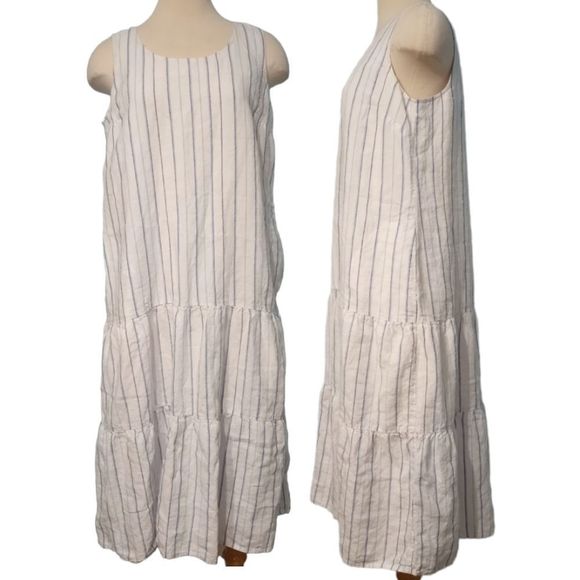 J.Jill Linen Maxi Dress Tiered Steipe White/Blue Size Medium Petite - Picture 2 of 11